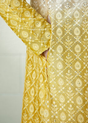 Beige And Yellow Ombre Effect Mirror Work Kurta Set image number 3